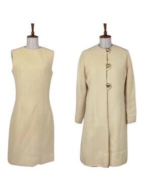 Vintage Cream Set Women’s M Sleeveless Mod Dress Over Coat‎ Chic Retro Classic